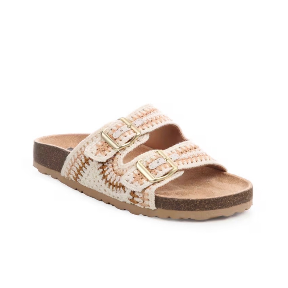 Dirty‎ Laundry Tambour Two Band Slide Sandals 9.5 Boho Crochet Neutral Casual